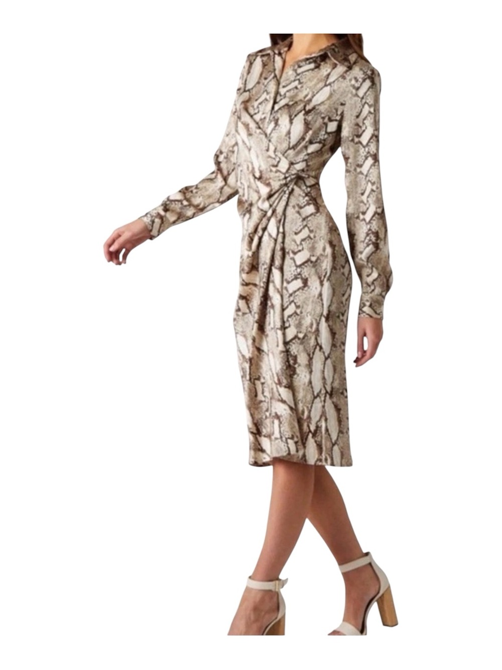 Worthington Snake-Print Long-Sleeve Wrap Dress - Beige and Brown